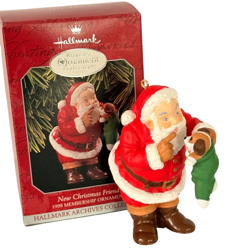1998 Hallmark Keepsake Ornament New Christmas Friend Santa Puppy KOCC 1985 Card